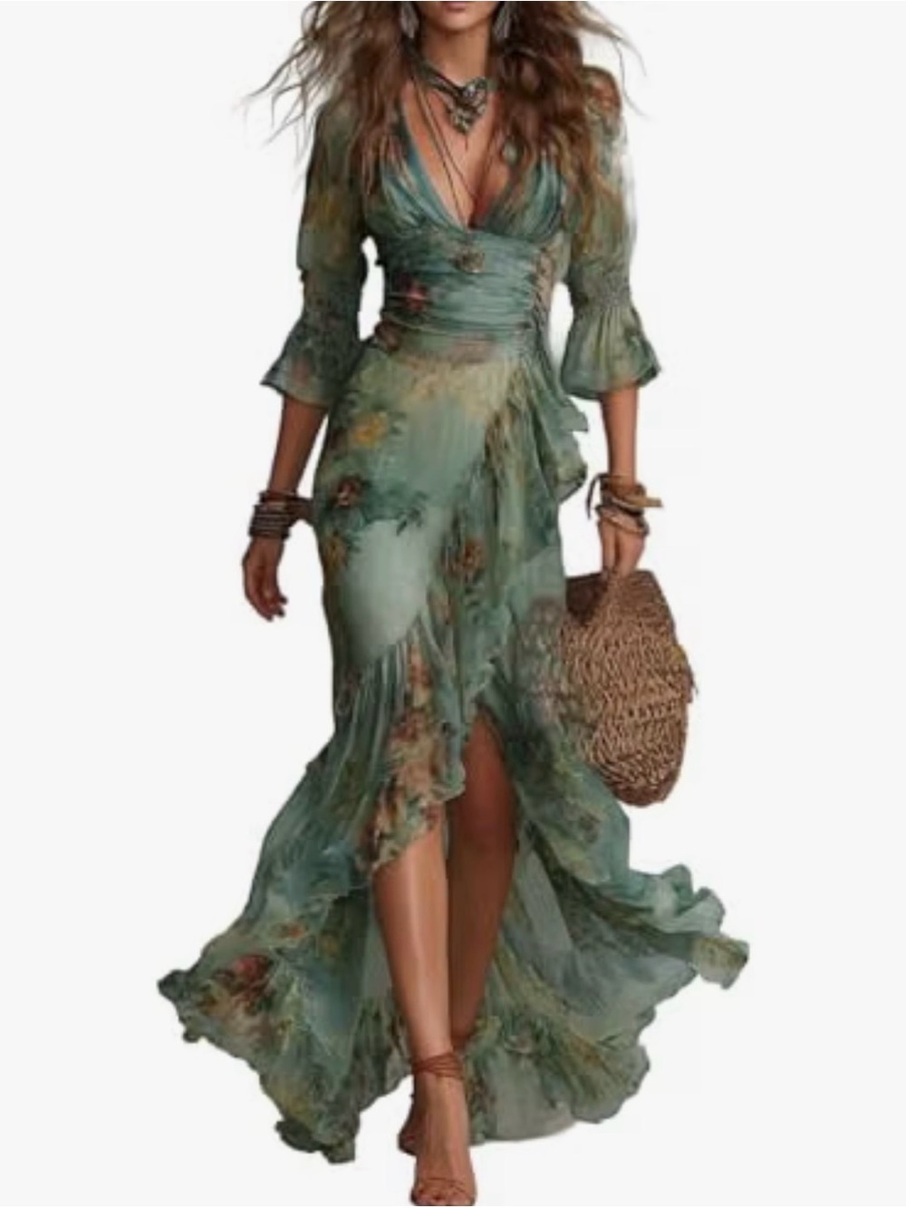 Bohemian Green Floral Wrap Maxi Dress